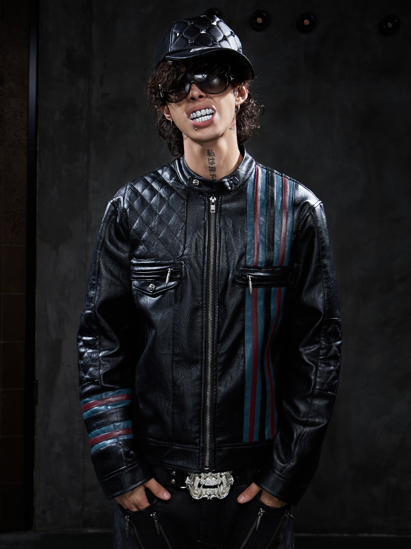 Vintage Contrast-Stripe Quilted Moto Leather Jacket