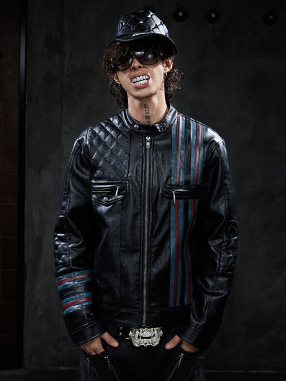 Vintage Contrast-Stripe Quilted Moto Leather Jacket