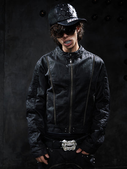 Studded Multi-Zip Waxed Cropped Moto Denim Jacket