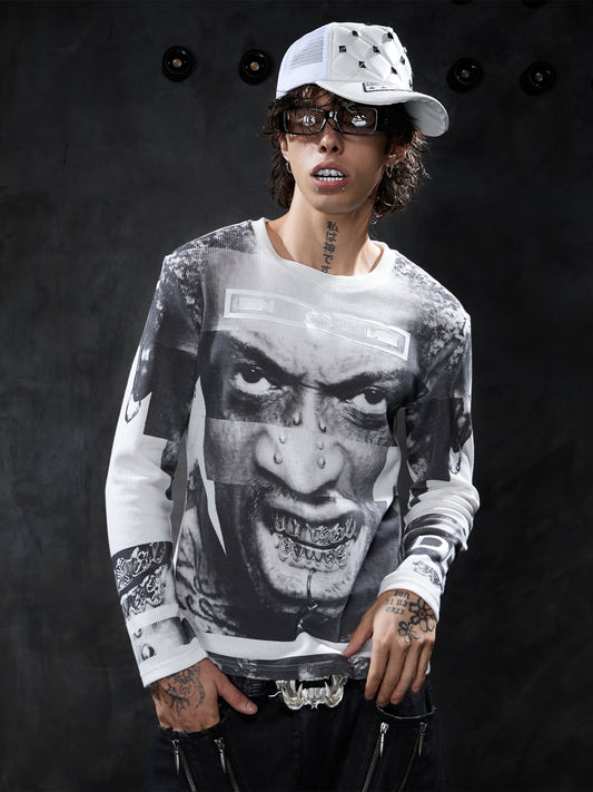 Y2K Portrait Graphic Waffle Long-Sleeve Tee