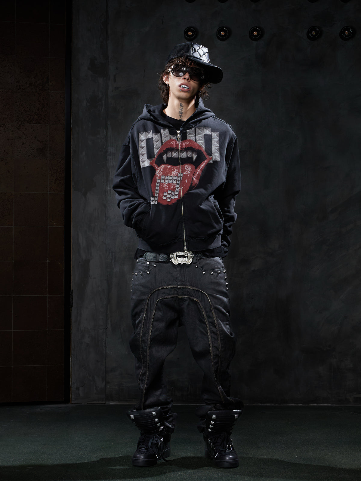 Dark Punk Studded Double-Zip Waxed Straight-Leg Jeans