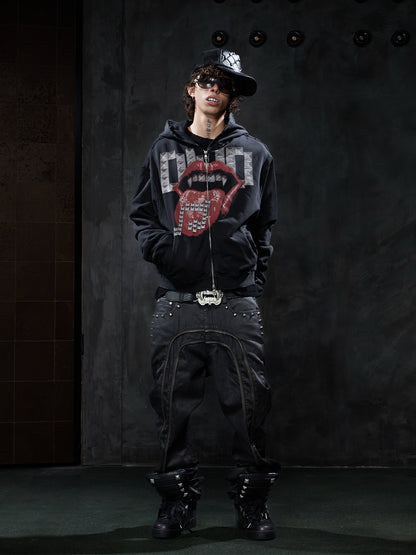 Dark Studded Tongue Graphic Oversized Zip-Up Hoodie