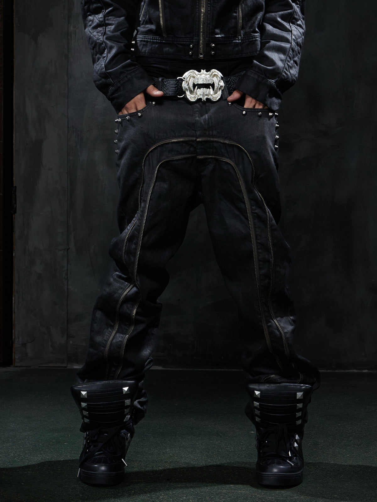 Dark Punk Studded Double-Zip Waxed Straight-Leg Jeans