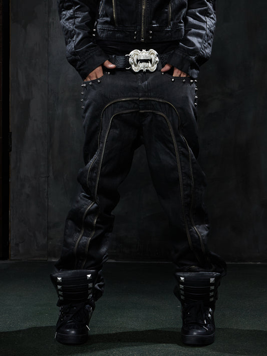 Dark Punk Studded Double-Zip Waxed Straight-Leg Jeans