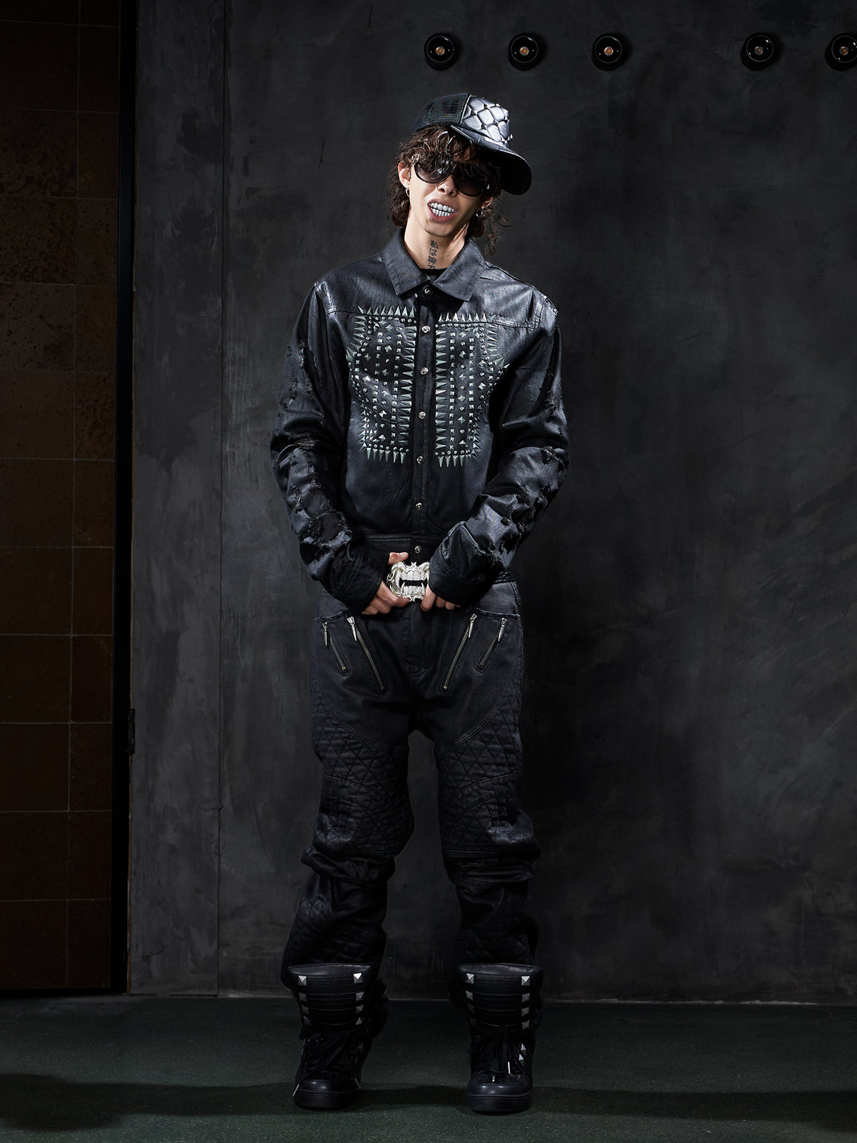 Studded Distressed Waxed Cropped Denim Jacket