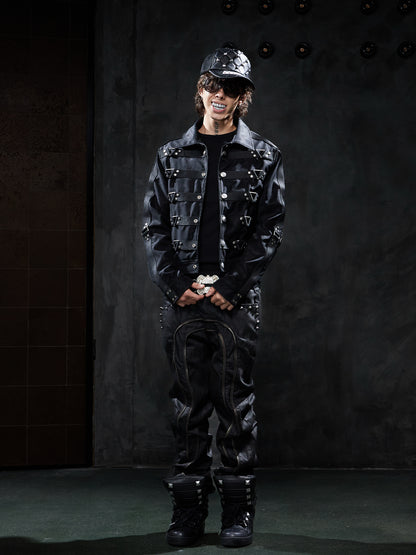 Dark Studded Multi-Strap Suede Jacket
