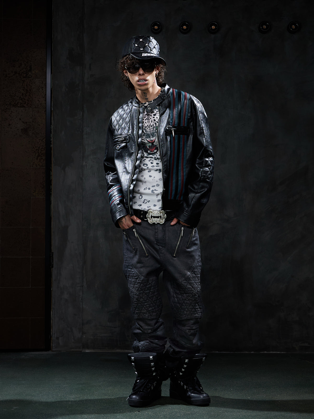 Dark Waxed Quilted Racing Moto Jeans