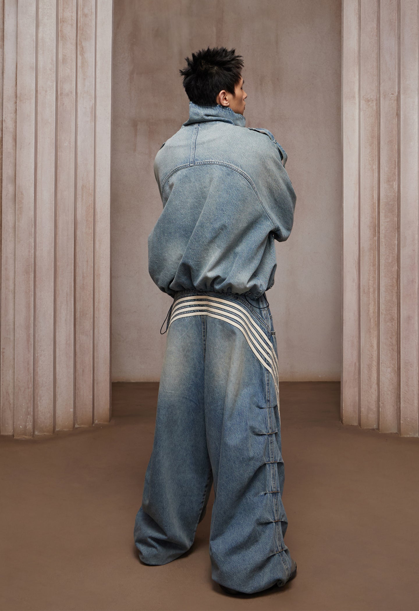 Washed Stand-Collar Double-Breasted Cropped Denim Trench Jacket