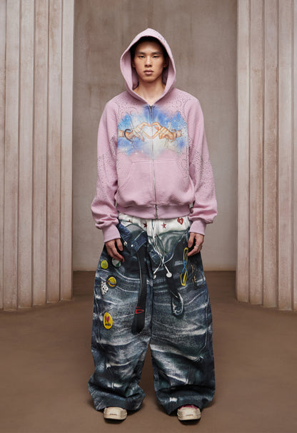Dreamcore Rhinestone Heart Hands Waffle Zip-Up Hoodie Jacket