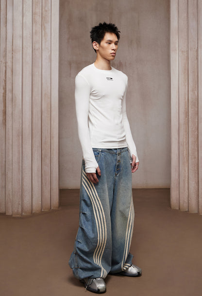 DND4-Stripe Pleated Washed Denim Ultra Wide-Leg Jeans