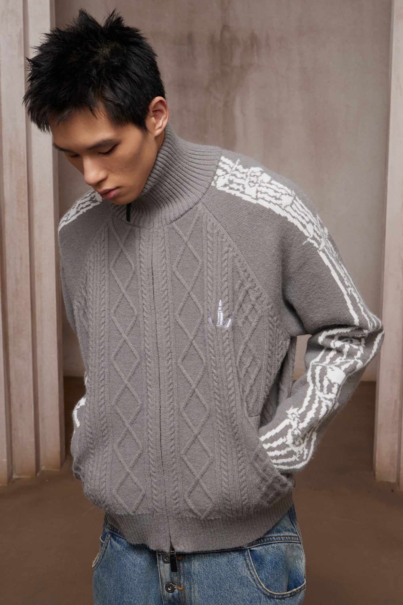 Riff Aran Cable Knit High-Neck Zip-Up Jacket