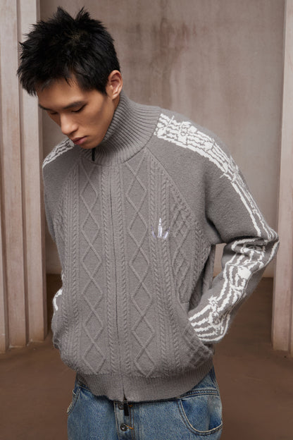 Riff Aran Cable Knit High-Neck Zip-Up Jacket