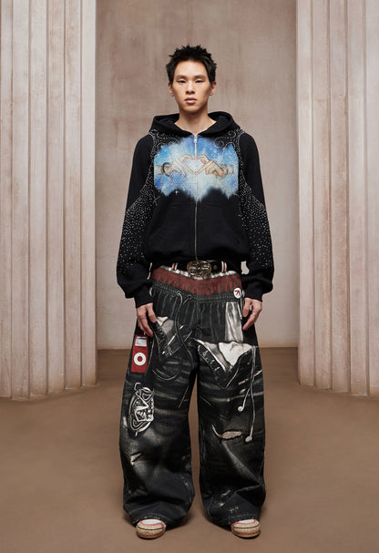 Dreamcore Rhinestone Heart Hands Waffle Zip-Up Hoodie Jacket