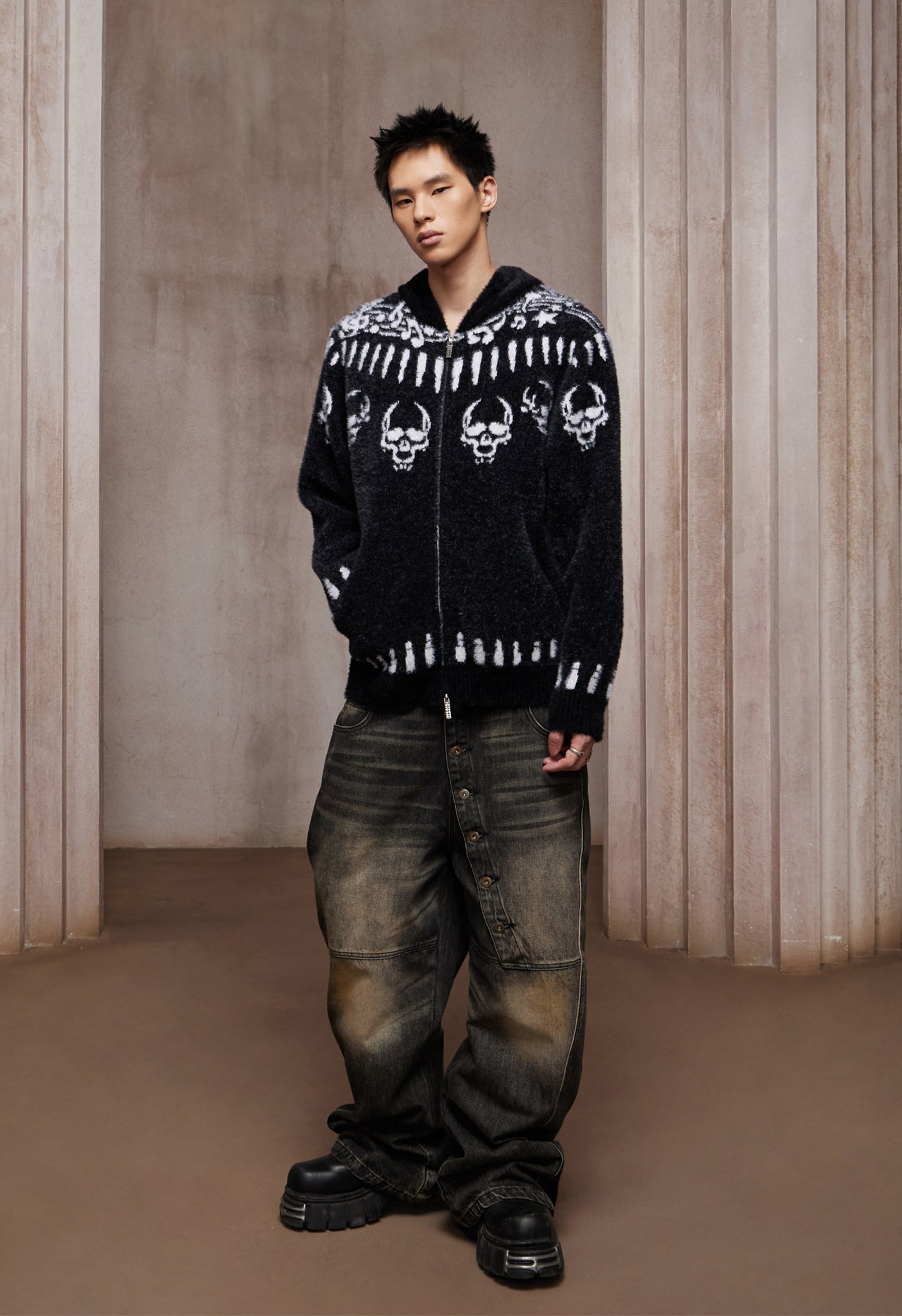 Faux Mink Skull & Bullet Zip-Up Hooded Jacket
