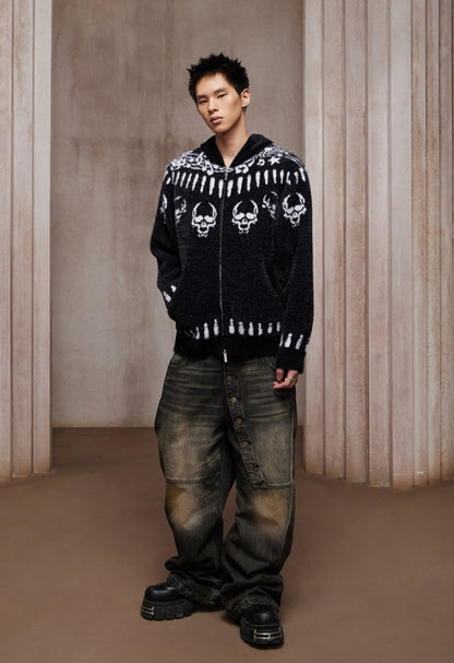 Faux Mink Skull & Bullet Zip-Up Hooded Jacket