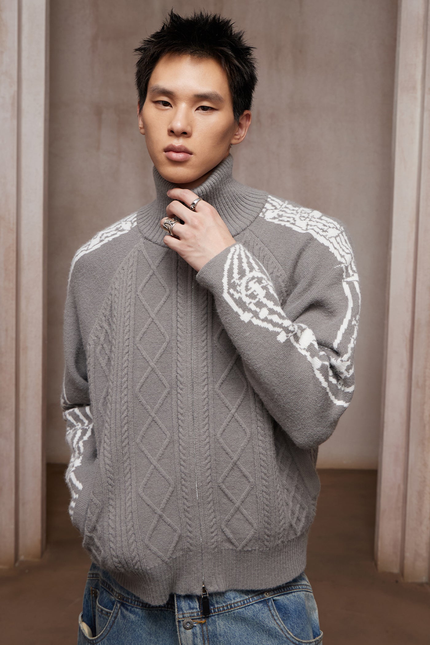 Riff Aran Cable Knit High-Neck Zip-Up Jacket
