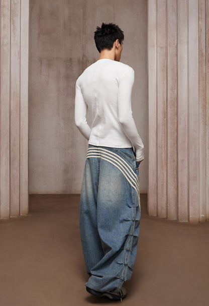 DND4-Stripe Pleated Washed Denim Ultra Wide-Leg Jeans