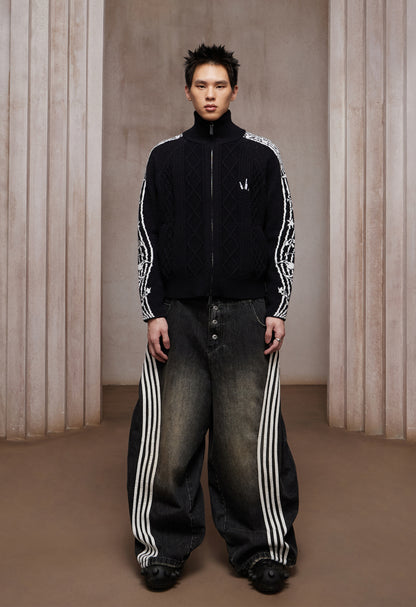 Riff Aran Cable Knit High-Neck Zip-Up Jacket