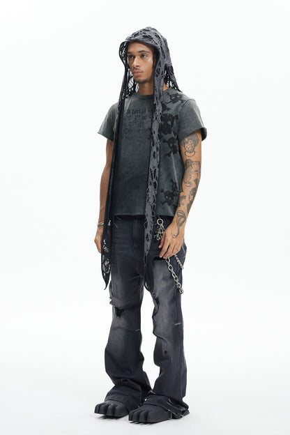 Multi Skulls Distressed Rolled Sleeve Tee