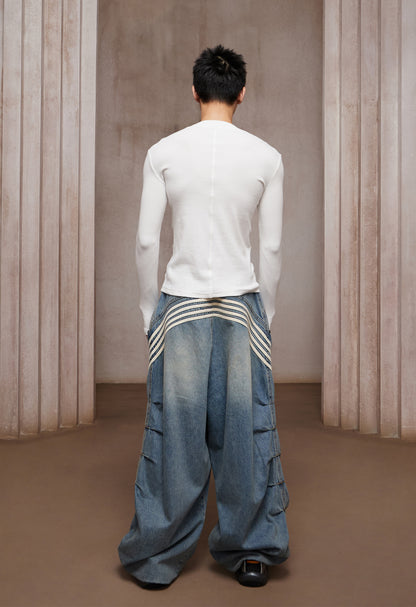 DND4-Stripe Pleated Washed Denim Ultra Wide-Leg Jeans