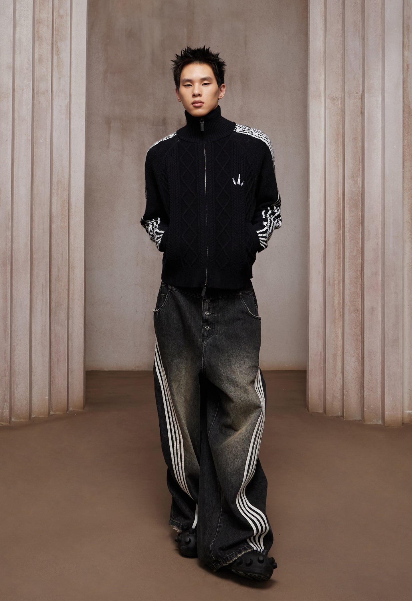 Riff Aran Cable Knit High-Neck Zip-Up Jacket