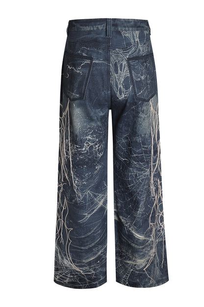 Spider Web Embroidery Tassel Hard Washed Jeans