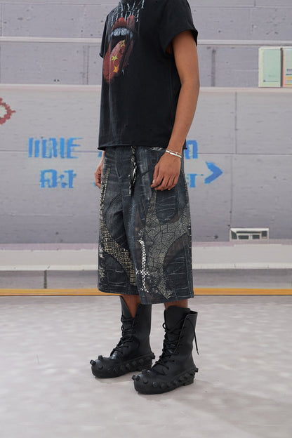 Leather Cross Splicing Printed 3/4 Jeans