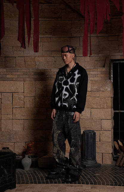 Leather Cross Splicing Printed Jeans