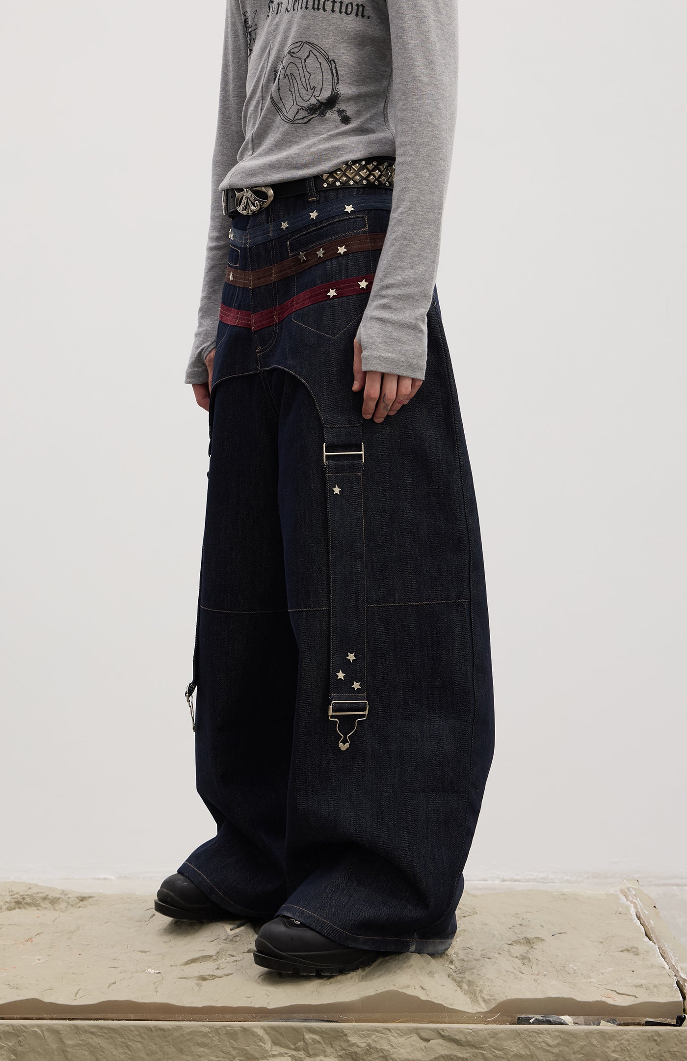 Triple Suede-Strapped Star-Rivet Harness Baggy Raw Denim