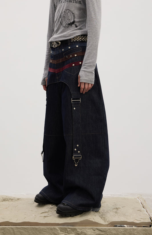 Triple Suede-Strapped Star-Rivet Harness Baggy Raw Denim