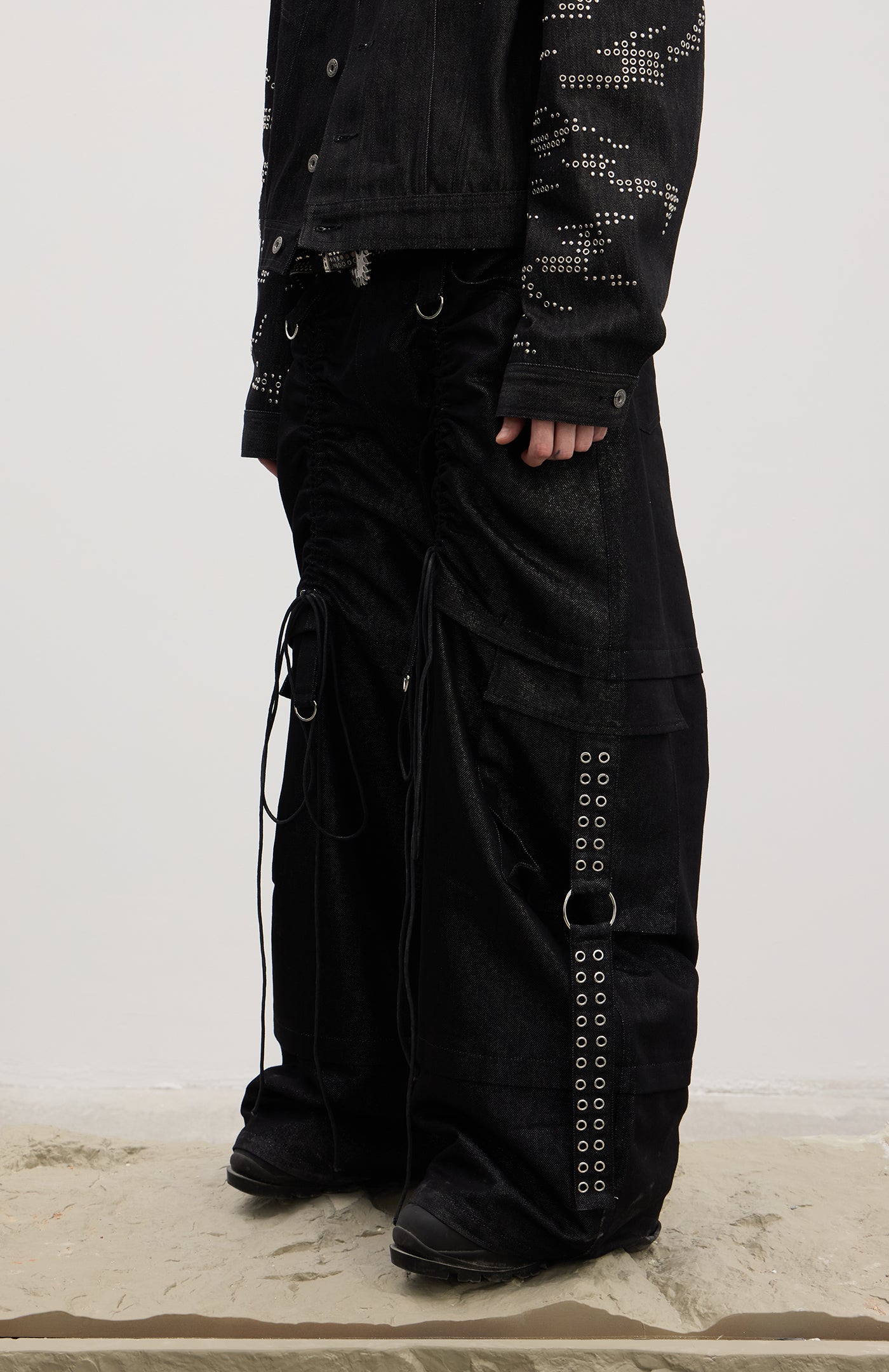 Coated Drawstring Ruched Cargo Pants