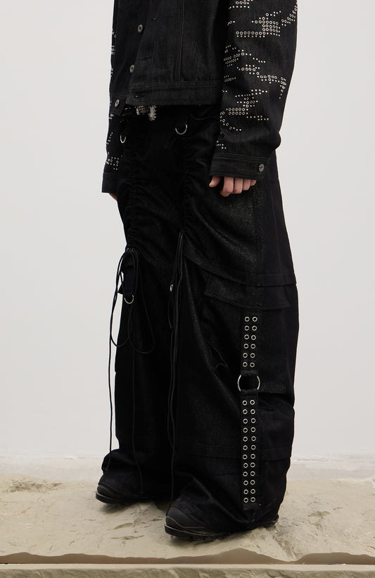 Coated Drawstring Ruched Cargo Pants