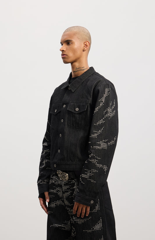 Tiger-Whisker Heat-Pressed Studded Cropped Raw Denim Jacket
