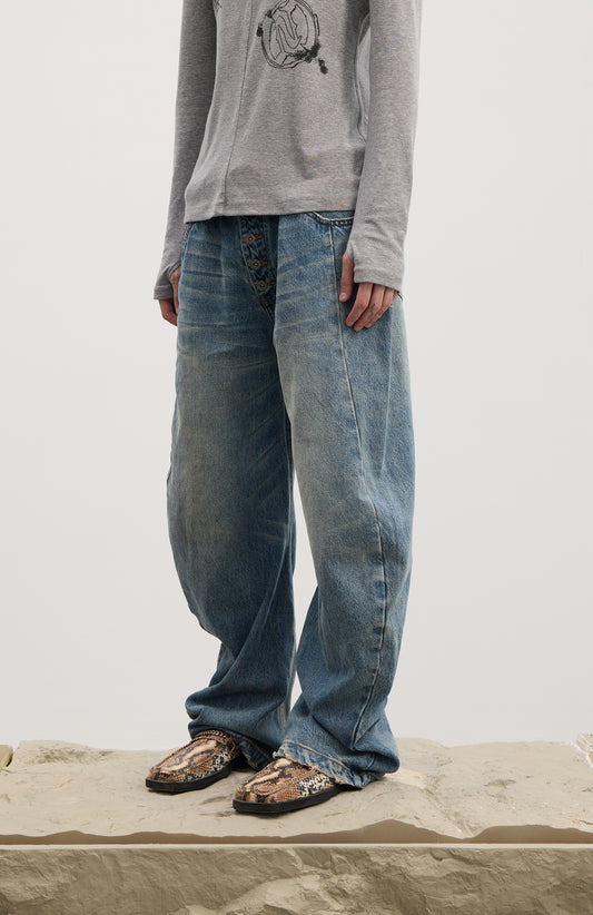 Curved Button Fly Loose Fit Washed Denim