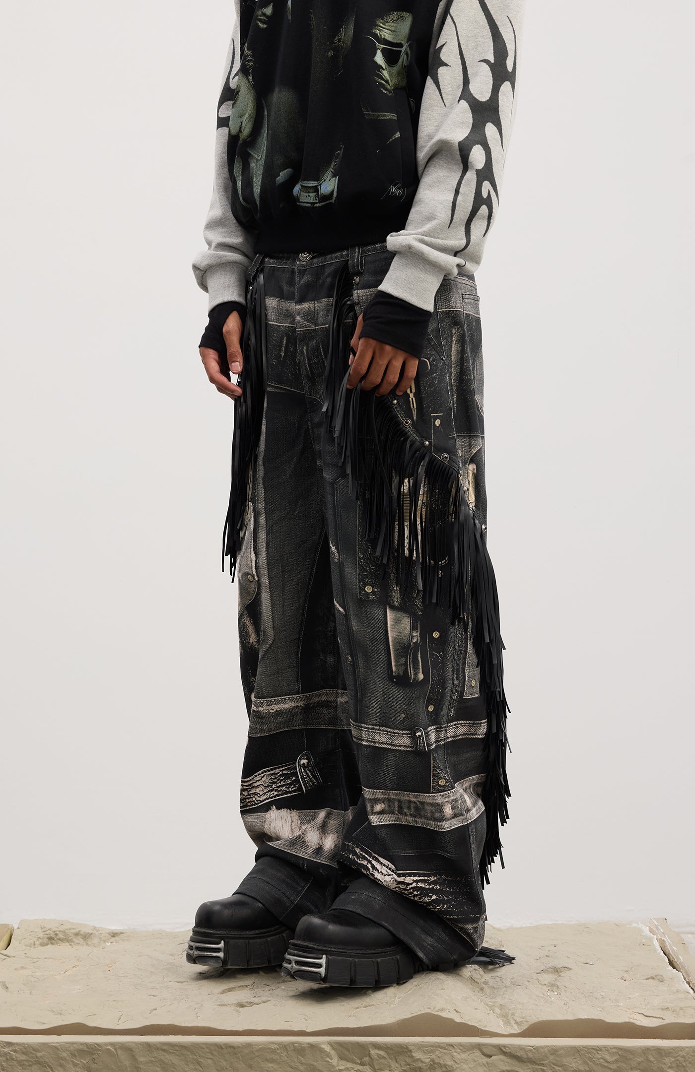 Gothic Fringe Dual-Gun Printed Baggy Jeans