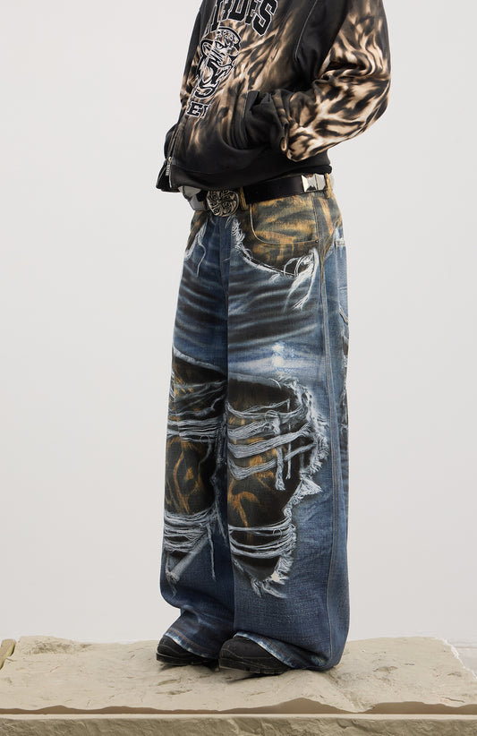Ripped Leopard Layer Washed Print Jeans