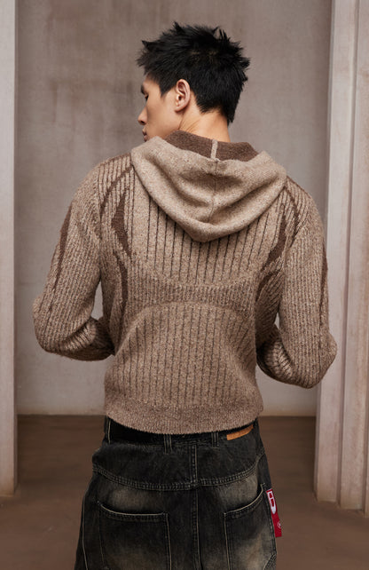 Structured Two-Tone Ribbed Knit Zip-Up Hoodie