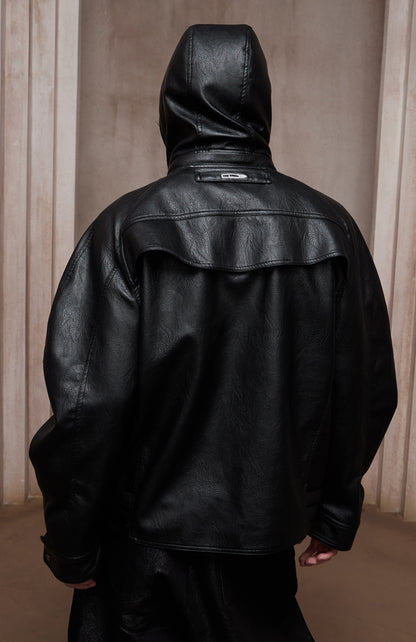 Dark Hardware Buckled Hooded Leather Biker Jacket