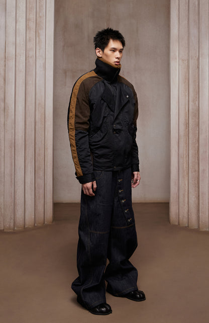 Asymmetric Front Suede-Corduroy Panel Padded Jacket (black X cosmic orange)