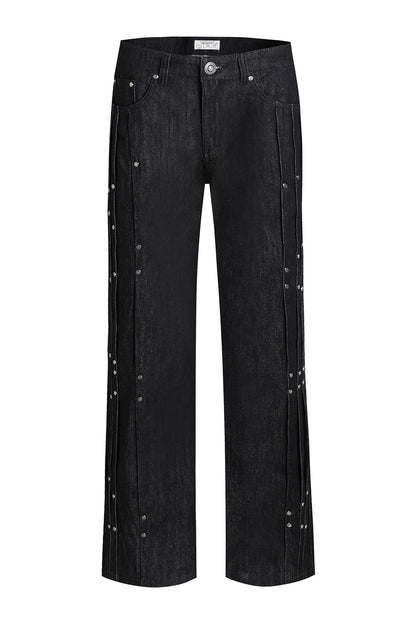 Multi Pleats Asymmetric Riveted Raw Denim Wide-Leg Jeans