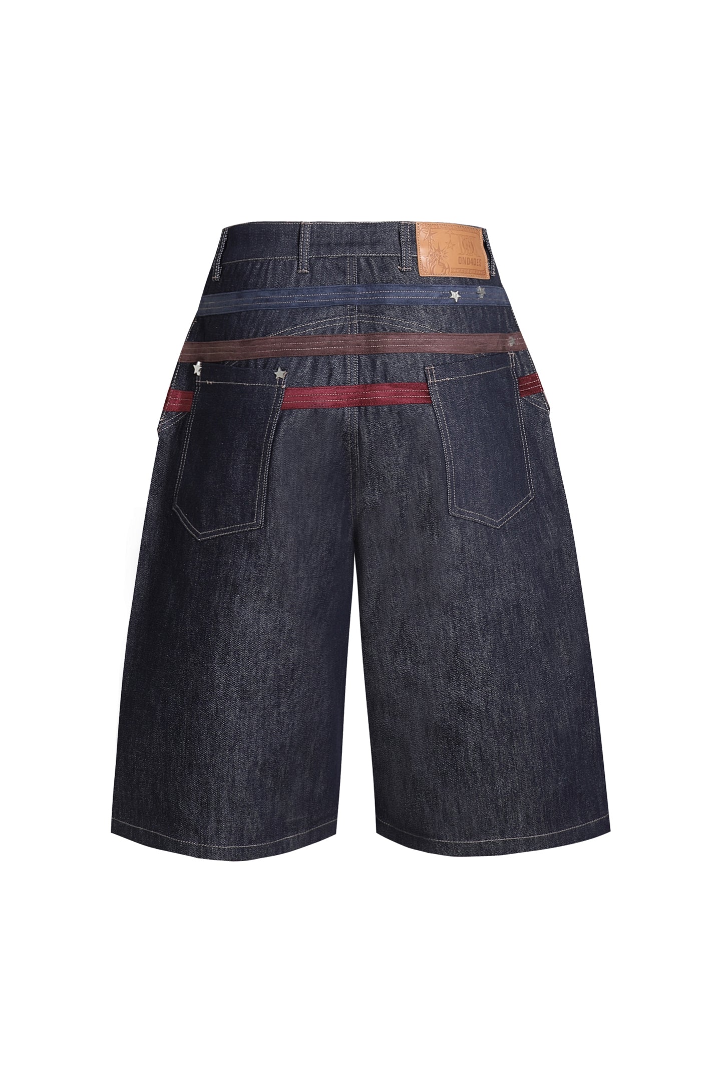 Triple Suede-Strapped Star-Rivet Harness Denim Shorts