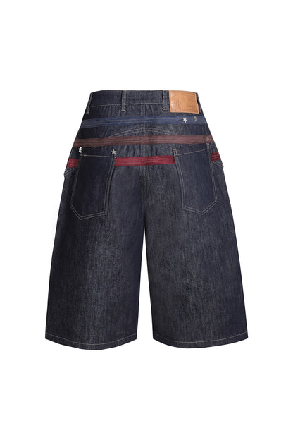 Triple Suede-Strapped Star-Rivet Harness Denim Shorts