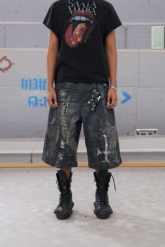 Leather Cross Splicing Printed 3/4 Jeans