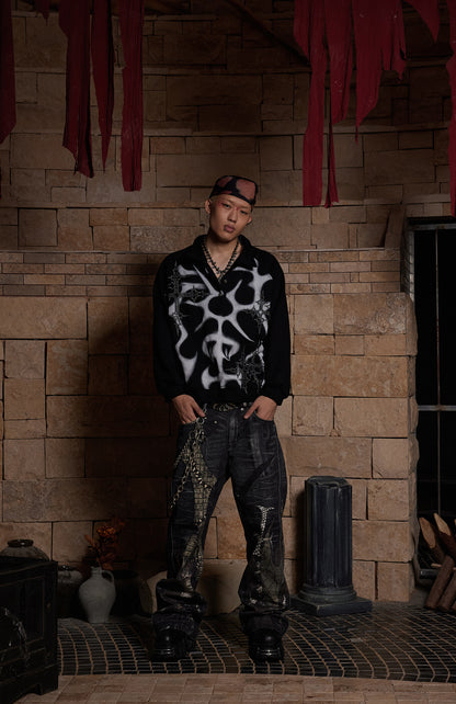 Leather Cross Splicing Printed Jeans