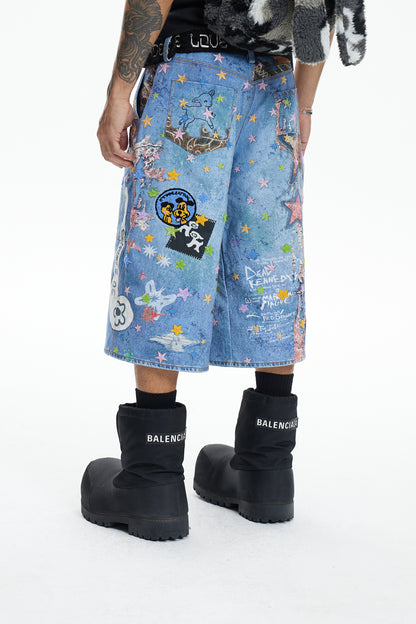 Star Graffiti Flocked Patches Embroidery Cartoon Oversized Pants