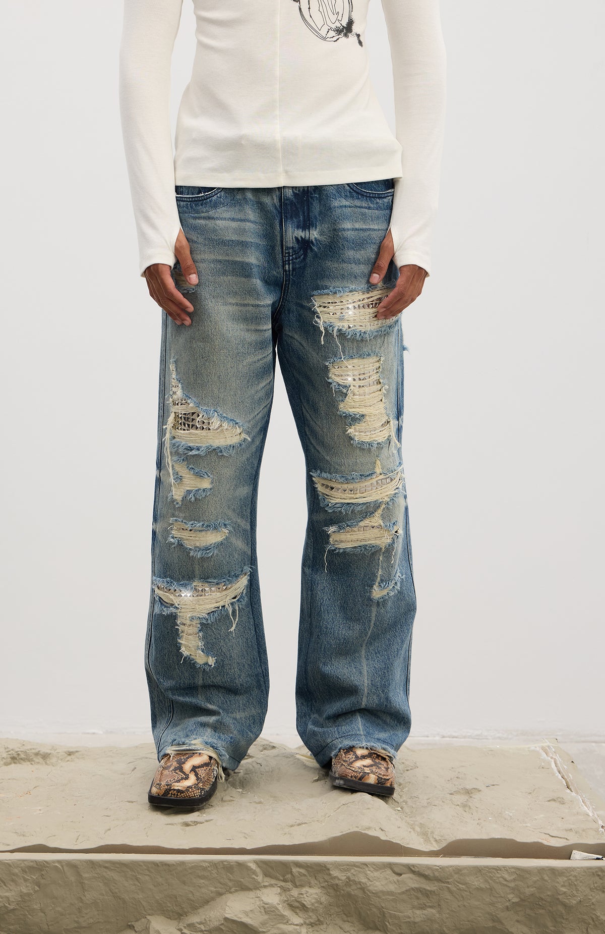 Ripped Metallic-Panel Washed Blue Flared Jeans