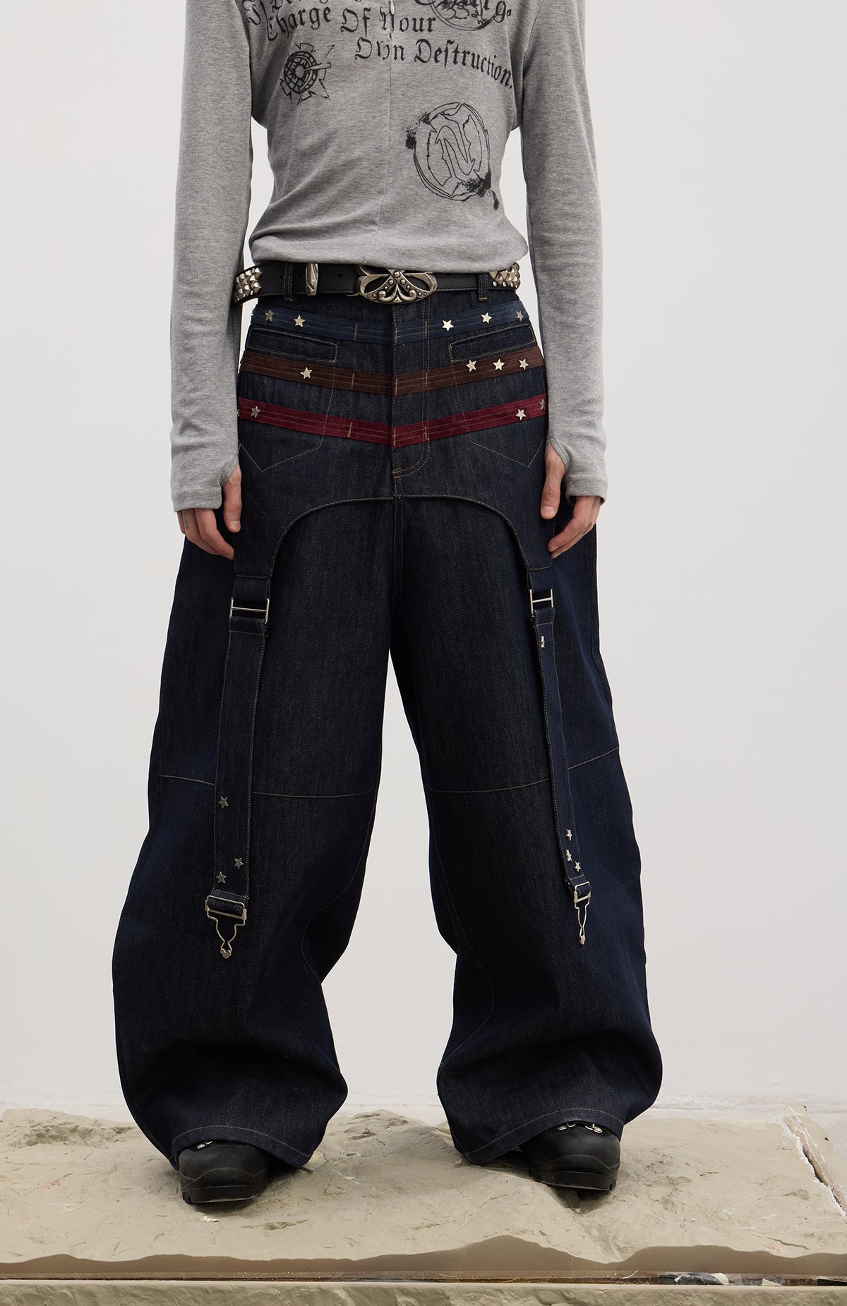 Triple Suede-Strapped Star-Rivet Harness Baggy Raw Denim