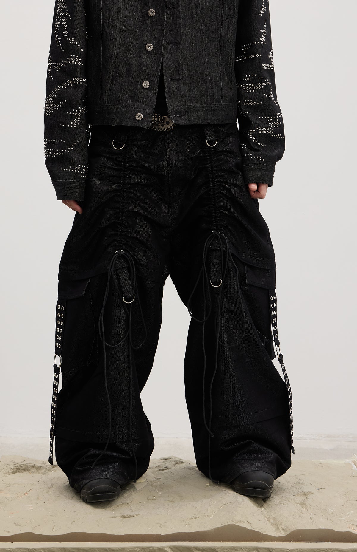 Coated Drawstring Ruched Cargo Pants