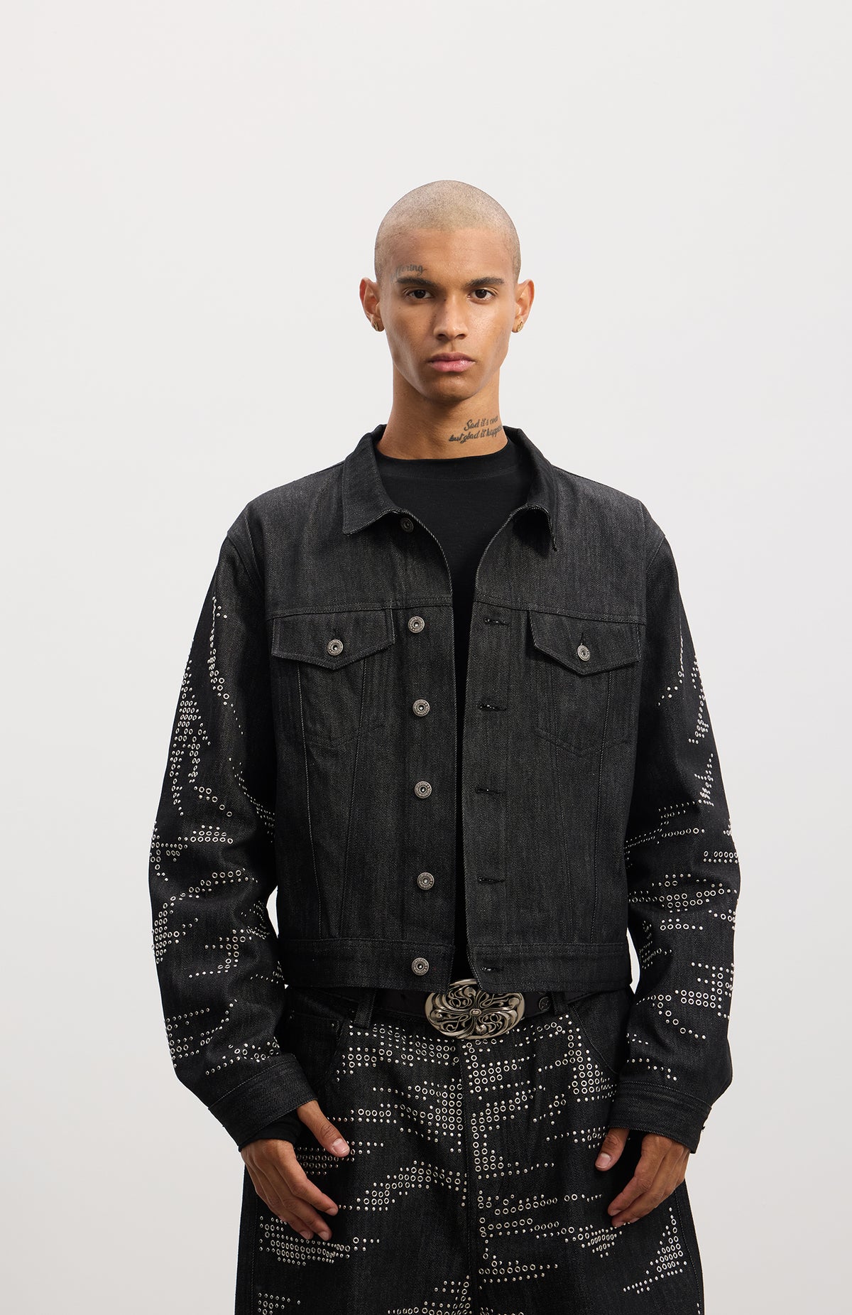 Tiger-Whisker Heat-Pressed Studded Cropped Raw Denim Jacket