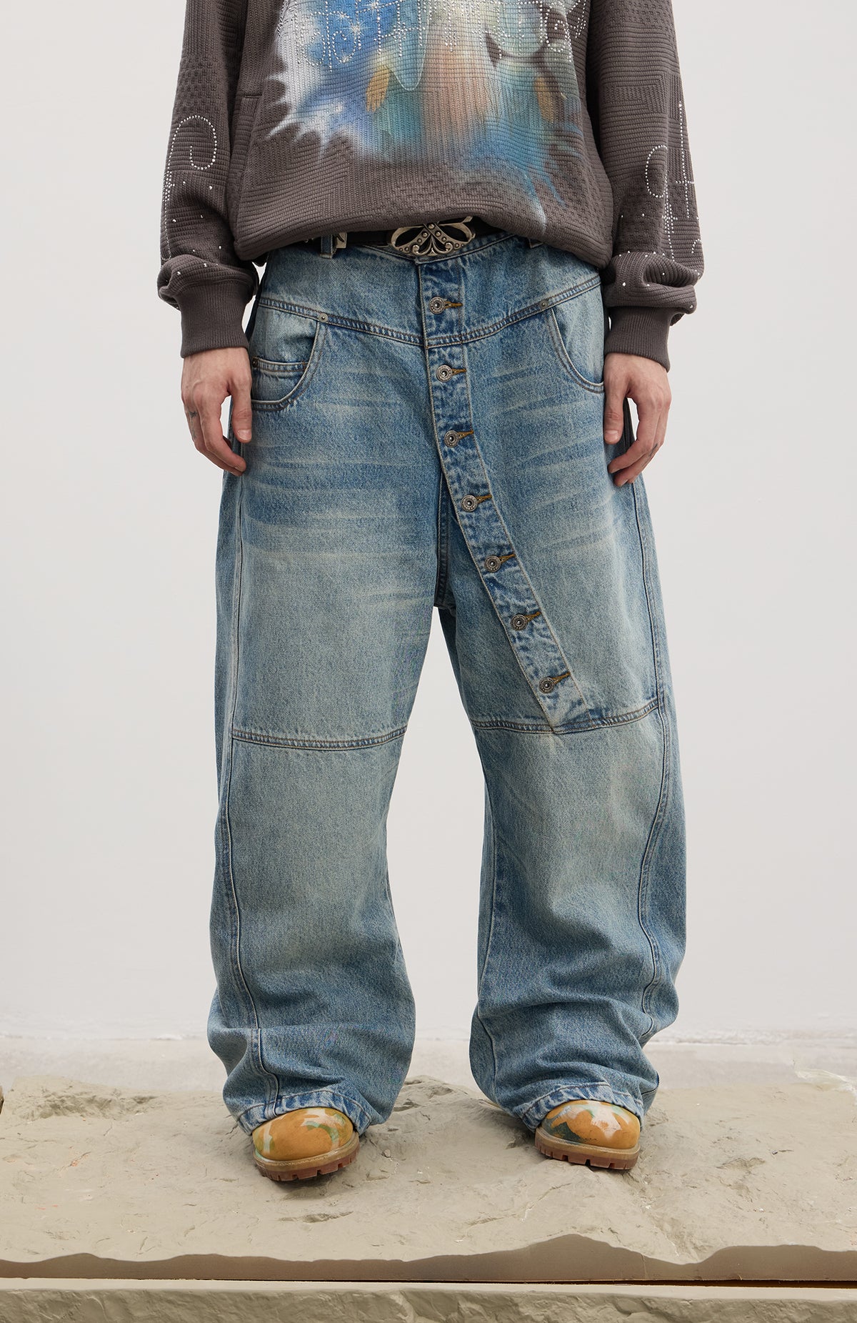 Asymmetrical Long Button Fly Curved-Blade Denim